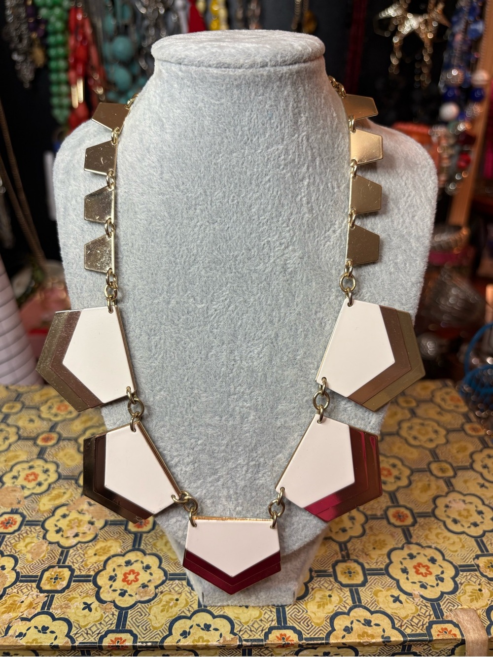 Lucia Geometric Chevron Statement Necklace - Cream & Gold